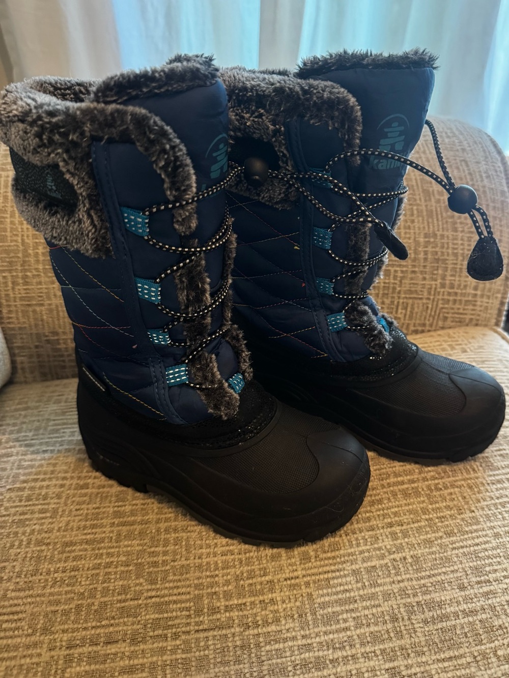 Kids Winter Snow Boots - Navy Blue Faux Fur Lined- youth size 1